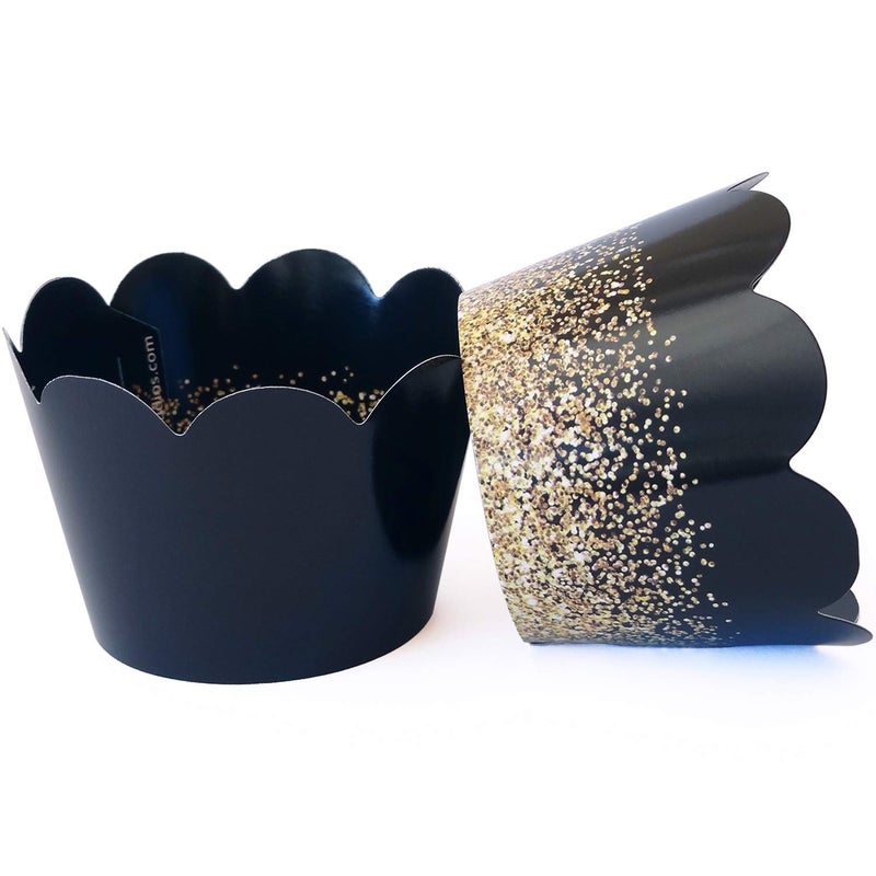 Pretty Cute Studios Black/Gold Graduation, Retirement Cupcake Wrappers, 50 Count, Adjustable Size, Faux Gold Glitter Design, Disposable Cupcake Wrappers - Image 1